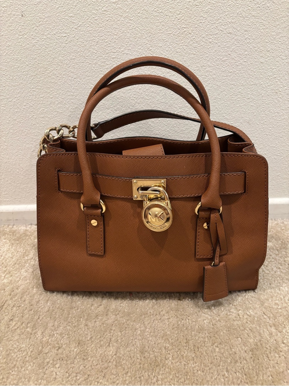 Michael Kors Caramel Brown Saffiano Leather Satchel with Gold Hardware
